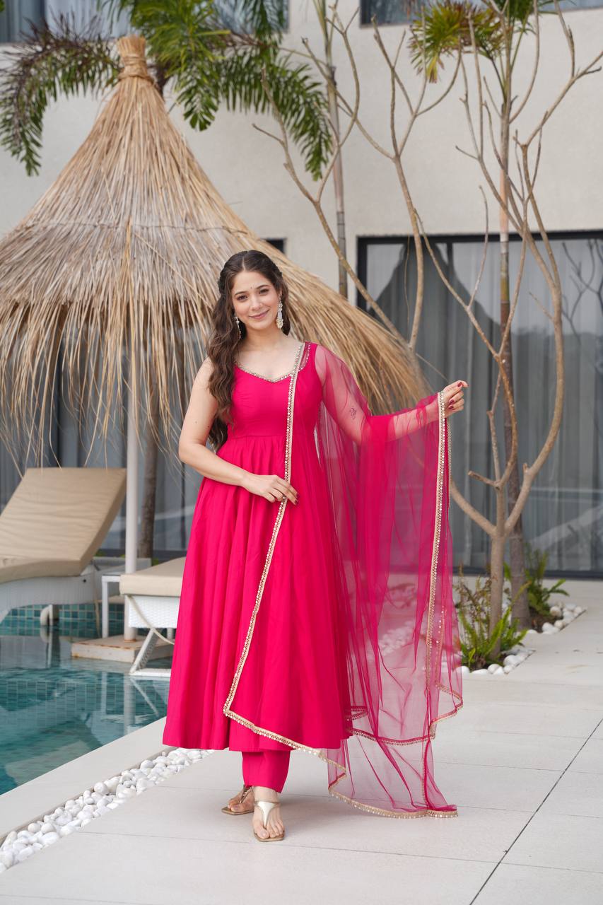 Roman Silk Fully Flared Pink Color Anarkali Suit