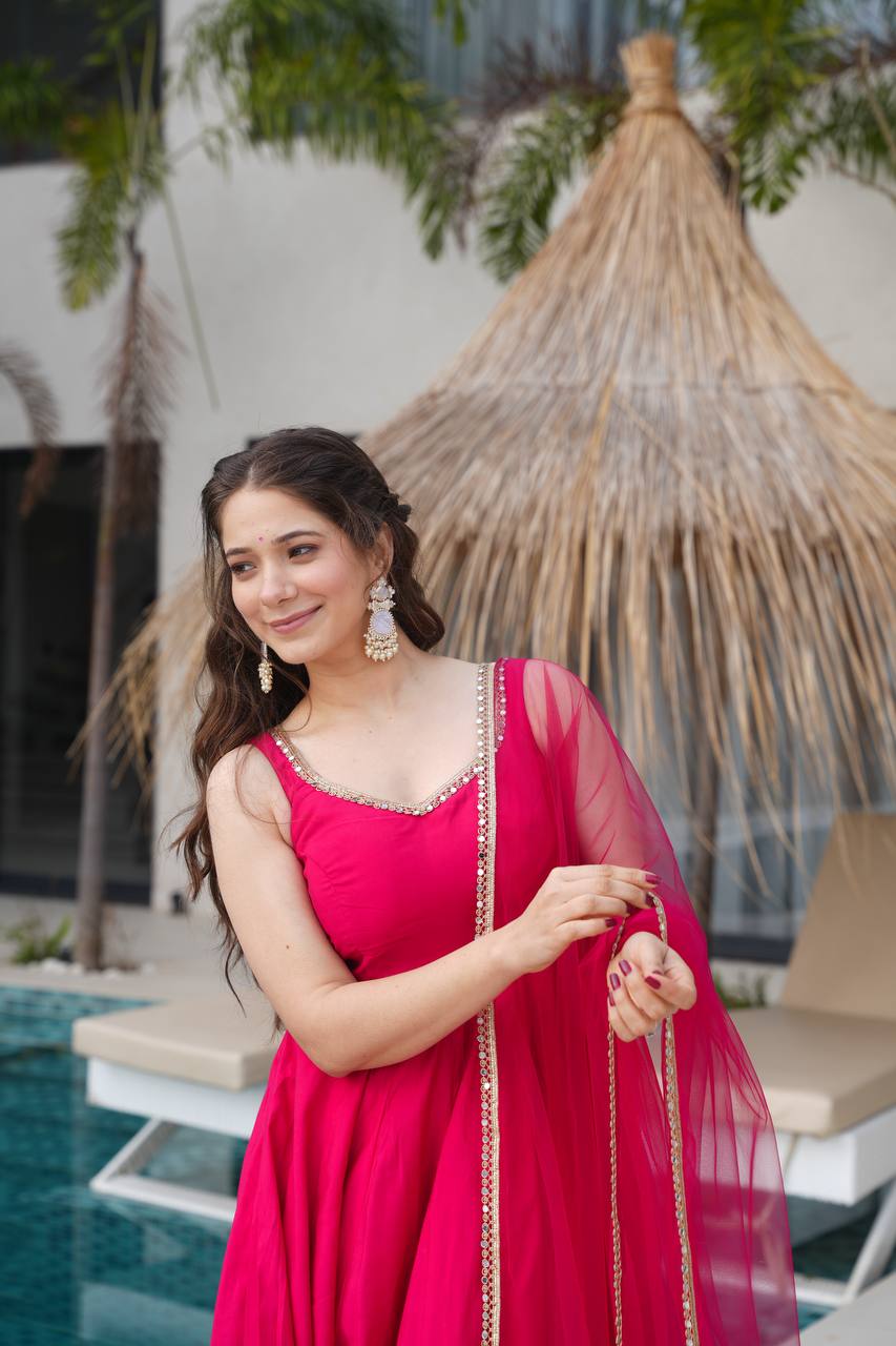 Roman Silk Fully Flared Pink Color Anarkali Suit