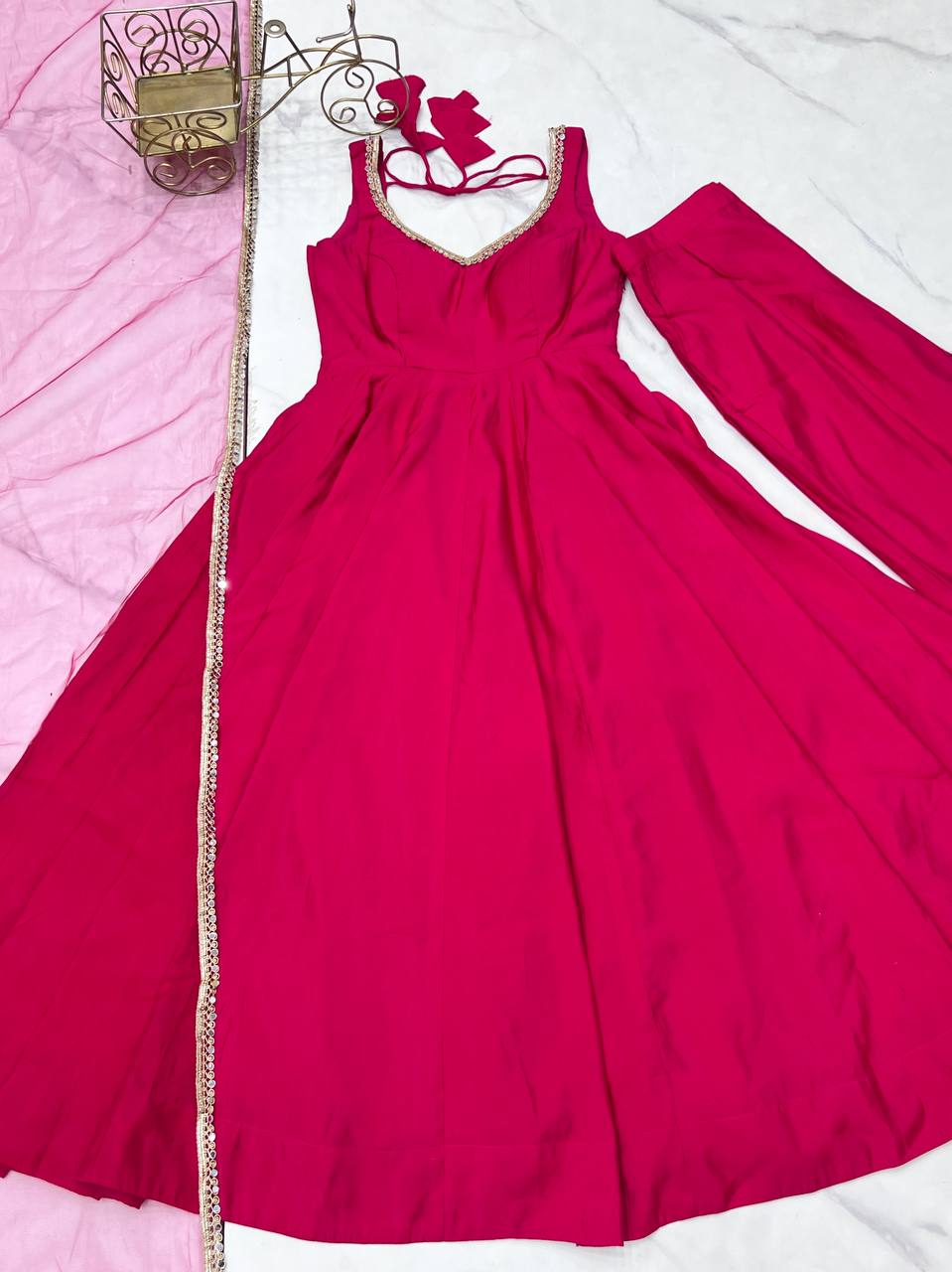 Roman Silk Fully Flared Pink Color Anarkali Suit