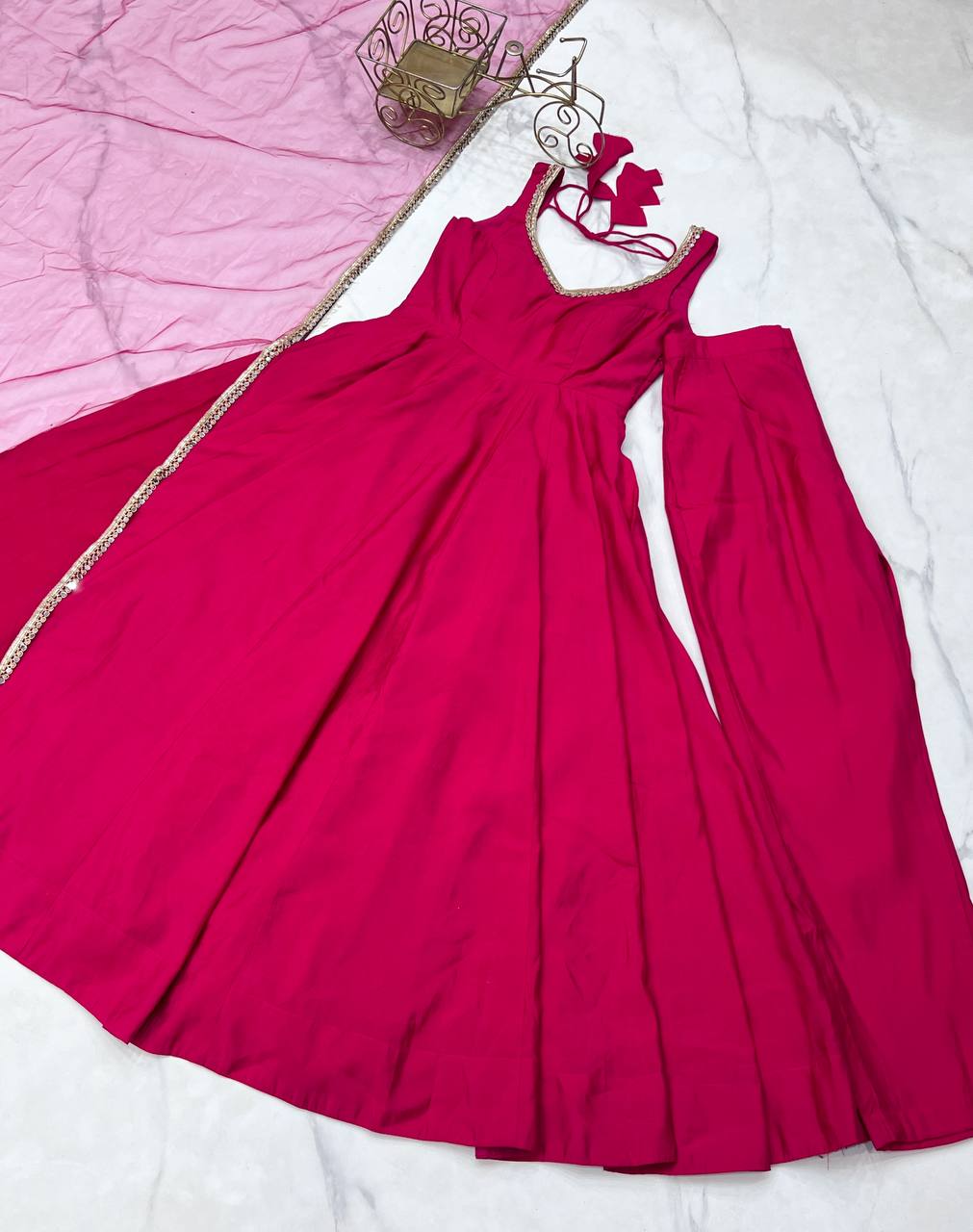 Roman Silk Fully Flared Pink Color Anarkali Suit