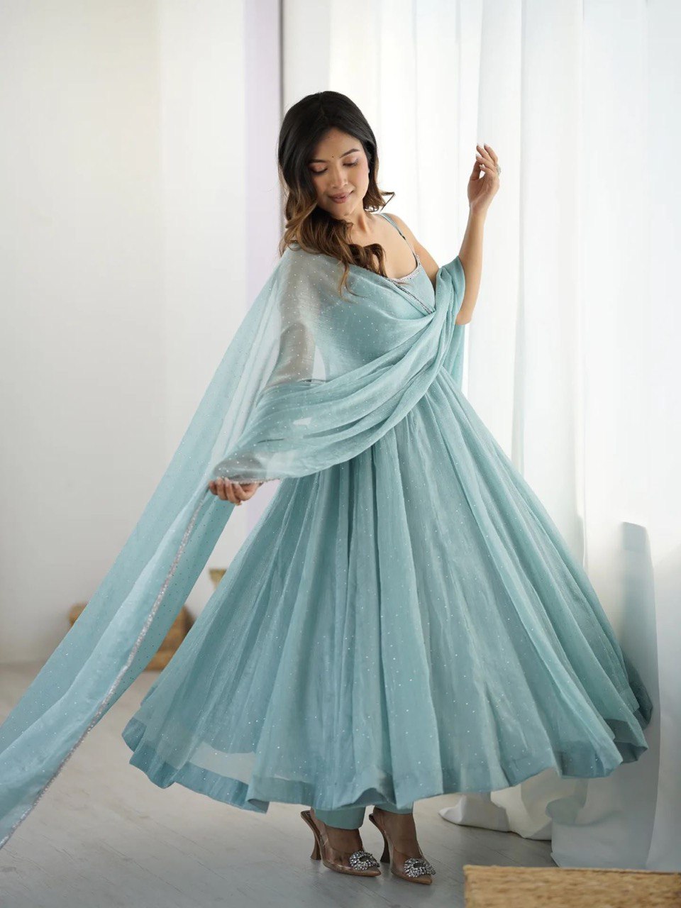 Blue Color Crunch Silk Classic Gown With Dupatta