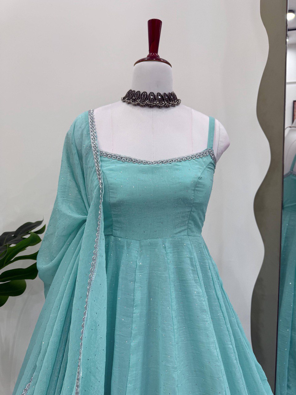 Blue Color Crunch Silk Classic Gown With Dupatta