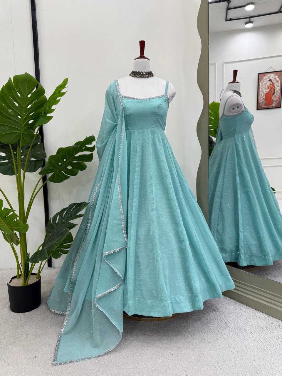 Blue Color Crunch Silk Classic Gown With Dupatta
