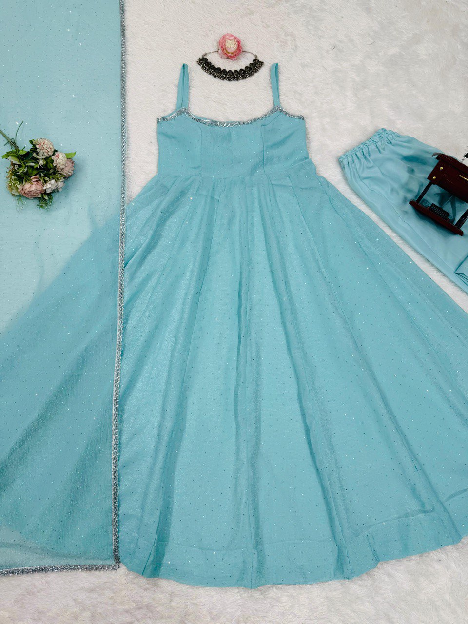Blue Color Crunch Silk Classic Gown With Dupatta