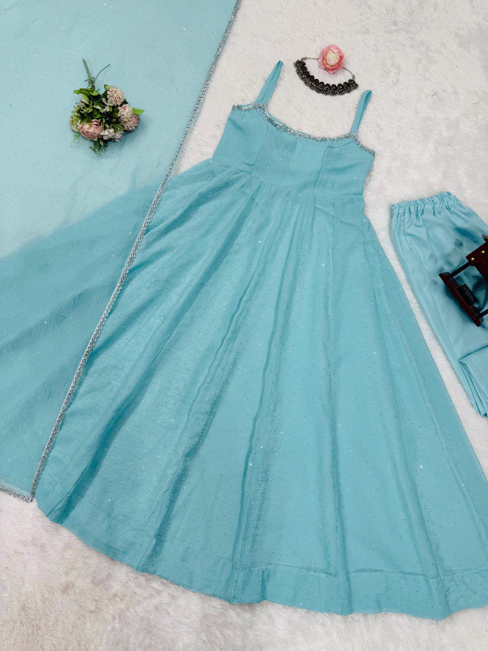 Blue Color Crunch Silk Classic Gown With Dupatta