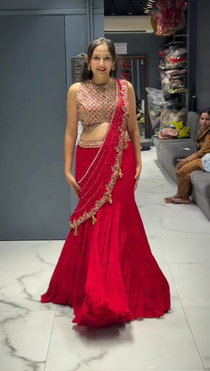 Marriage Special Georgette Red Color Ready To Wear Lehenga Saree