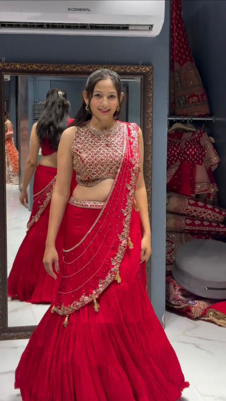 Marriage Special Georgette Red Color Ready To Wear Lehenga Saree