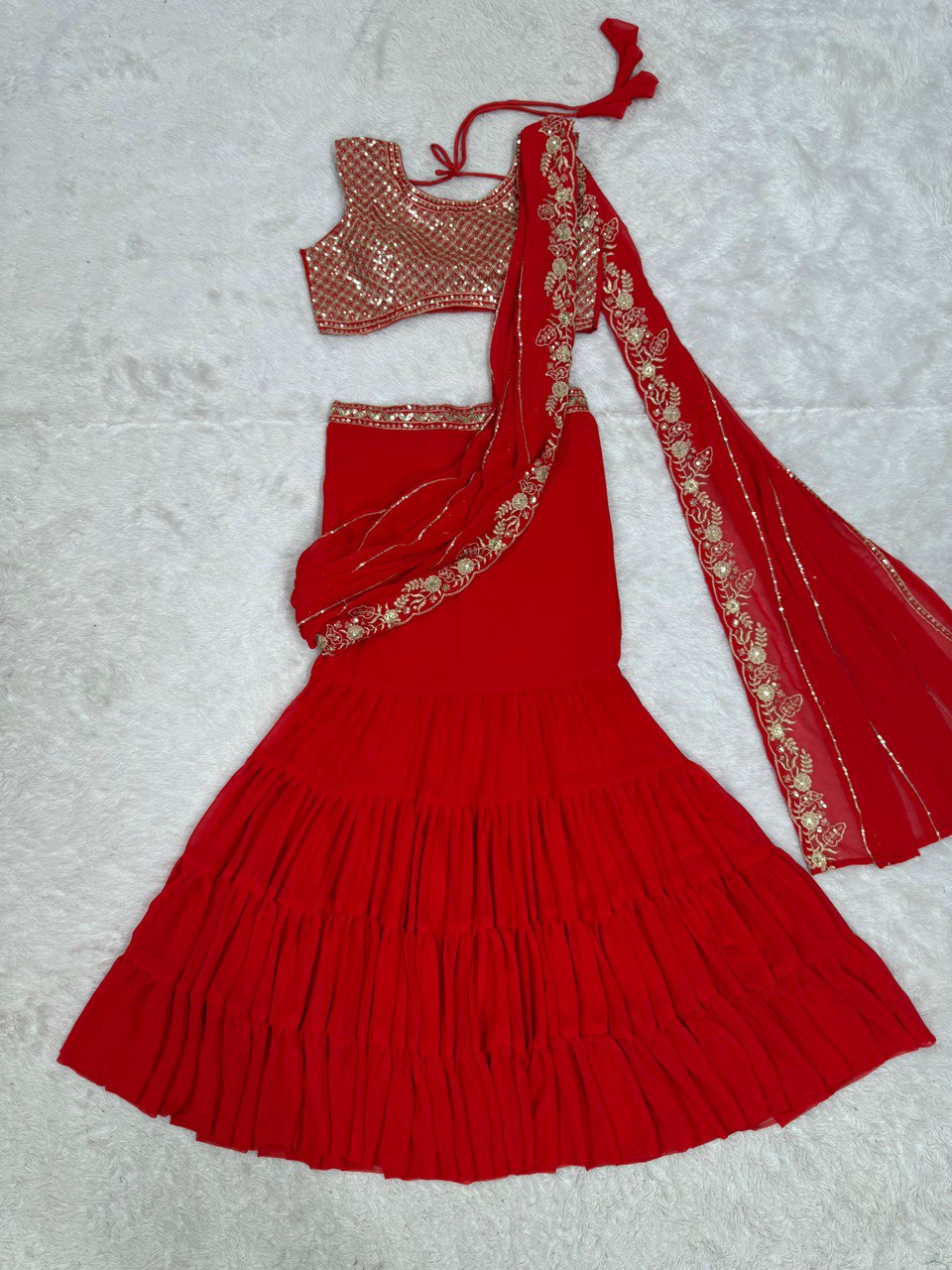 Marriage Special Georgette Red Color Ready To Wear Lehenga Saree