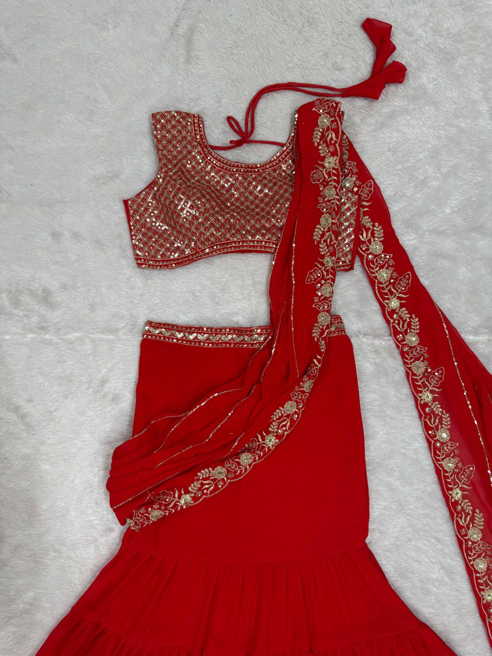 Marriage Special Georgette Red Color Ready To Wear Lehenga Saree