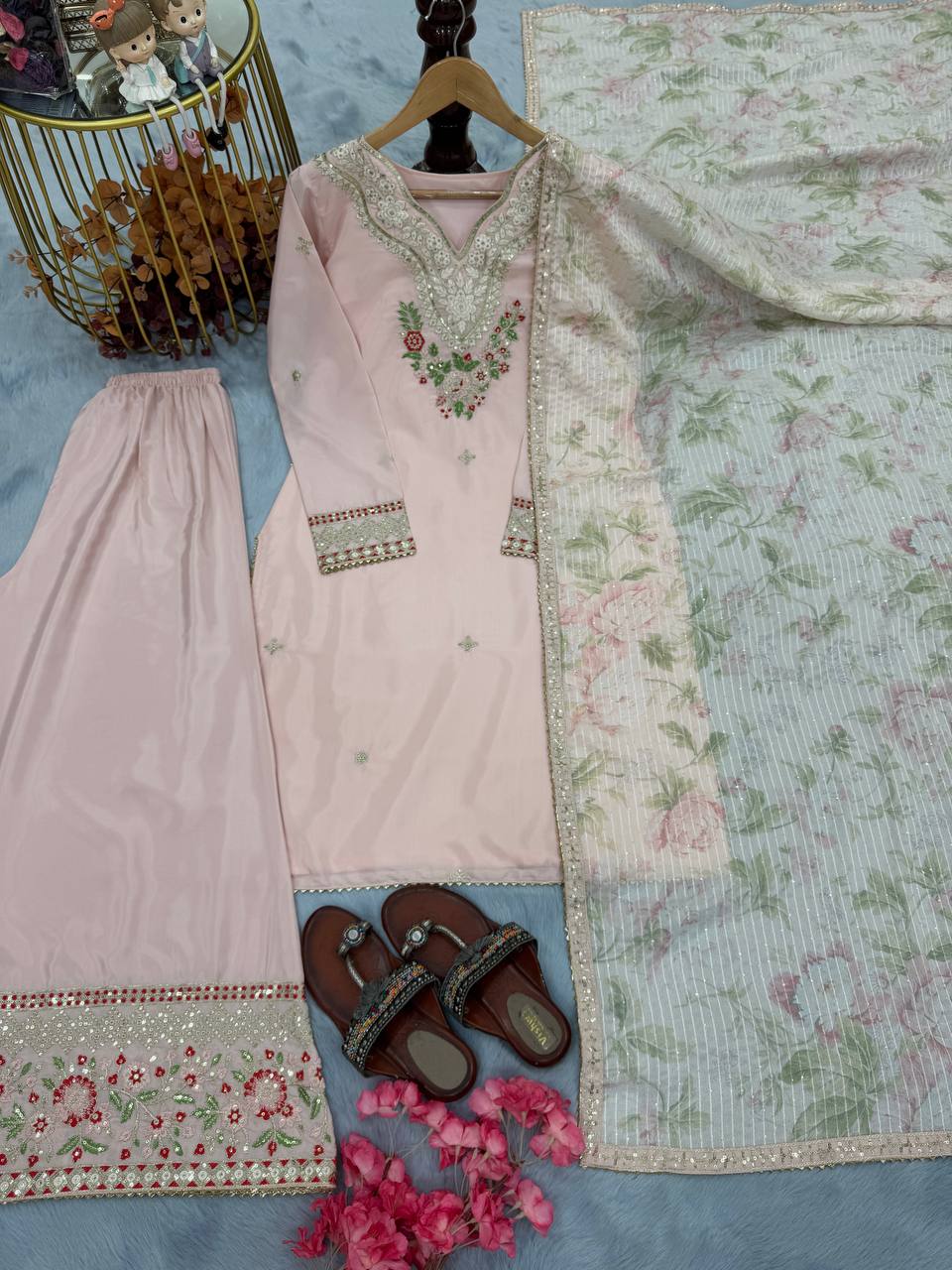Beautiful Sequence Work Light Pink Color Palazzo Suit