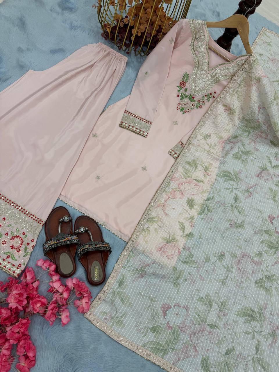 Beautiful Sequence Work Light Pink Color Palazzo Suit