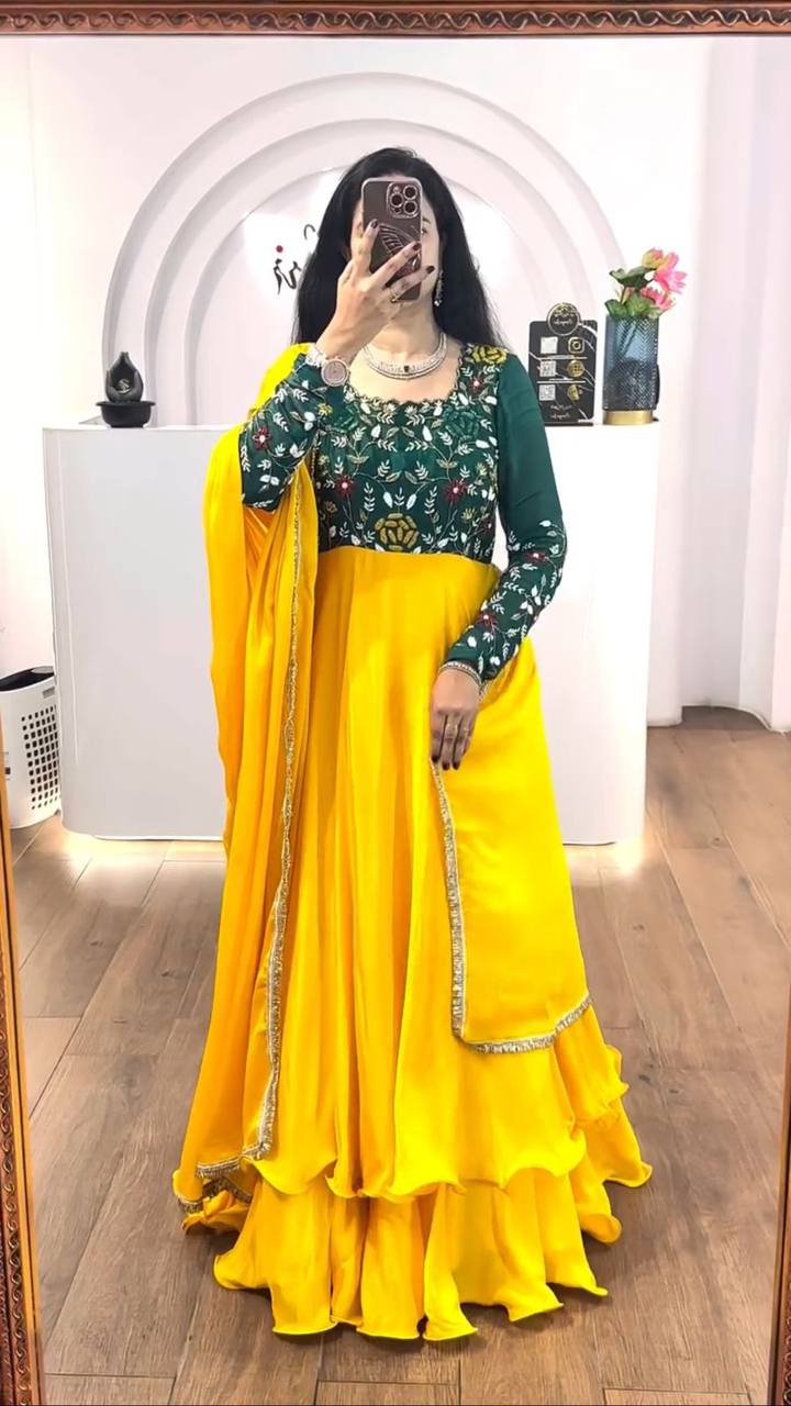 Yellow Color Thread Work Double Layer Gown