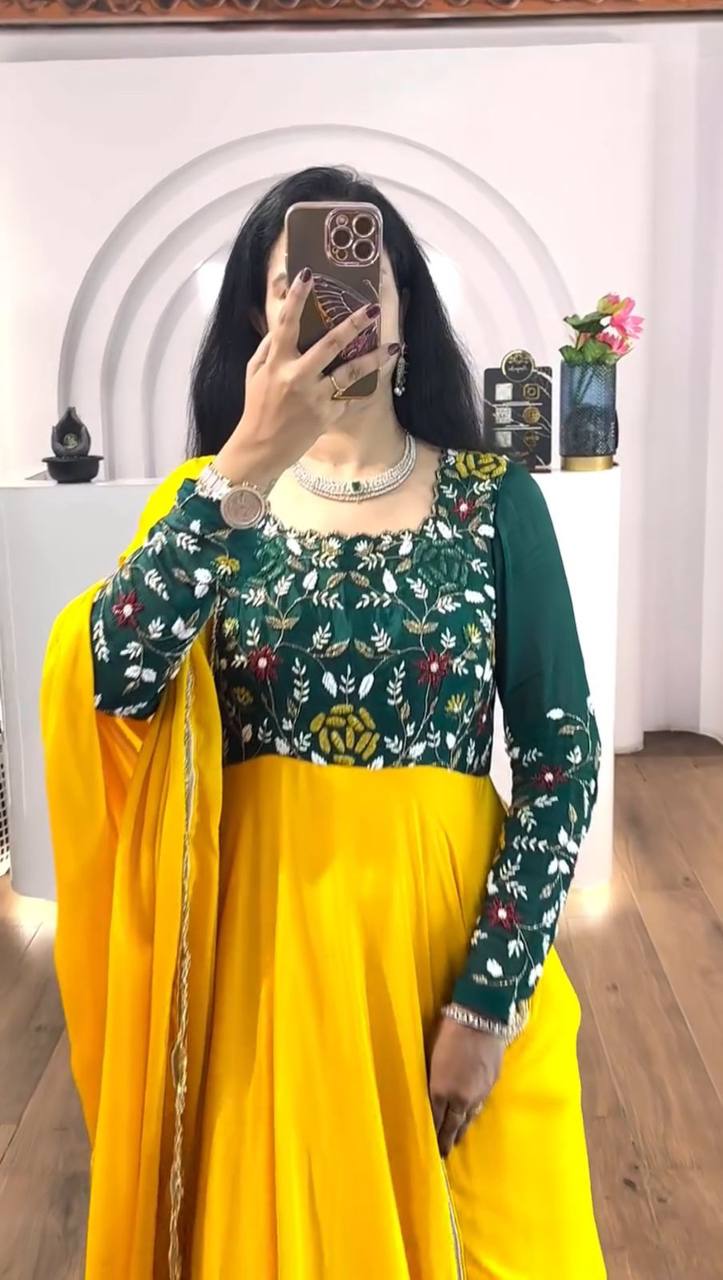 Yellow Color Thread Work Double Layer Gown