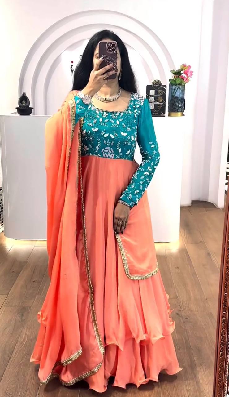 Peach Color Thread Work Double Layer Gown