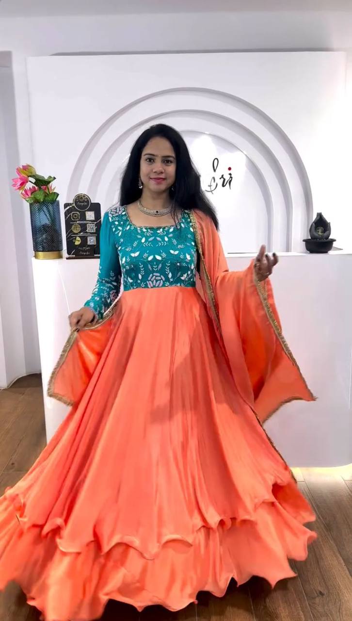 Peach Color Thread Work Double Layer Gown
