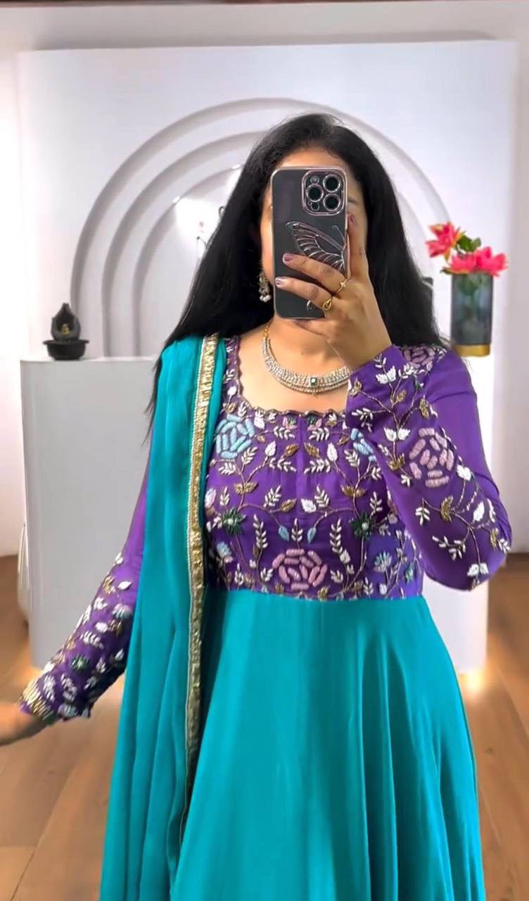 Sky Blue Color Thread Work Double Layer Gown