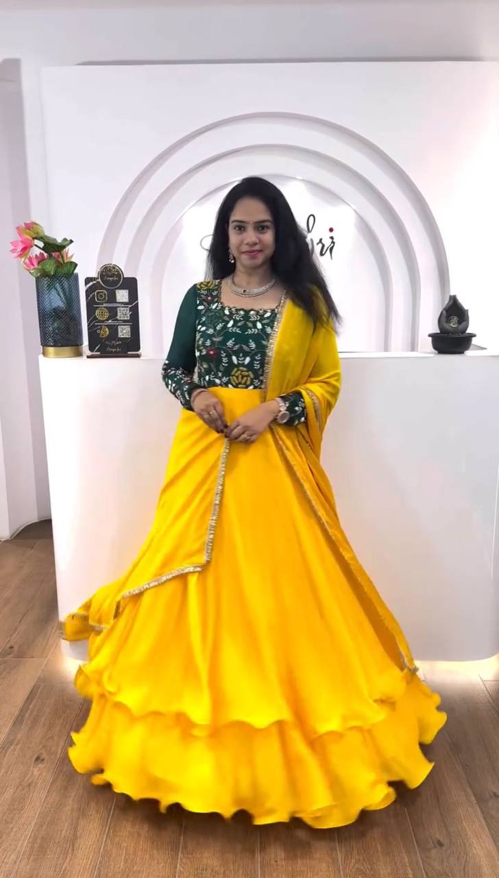 Yellow Color Thread Work Double Layer Gown