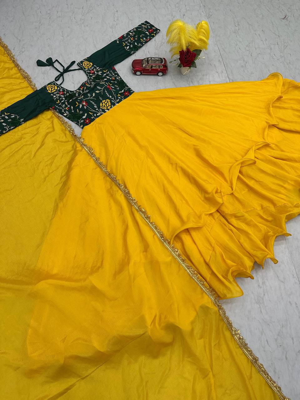 Yellow Color Thread Work Double Layer Gown