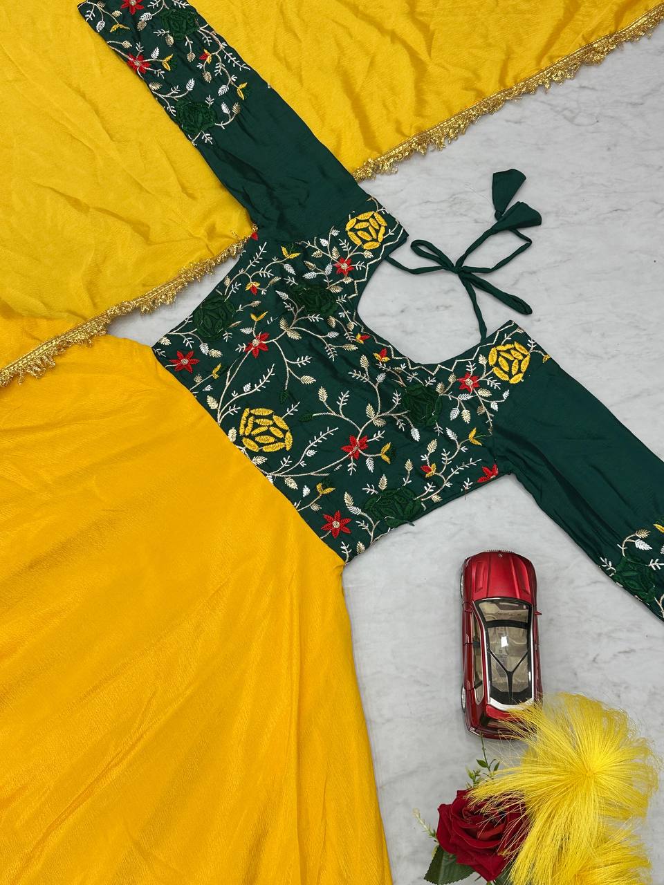 Yellow Color Thread Work Double Layer Gown