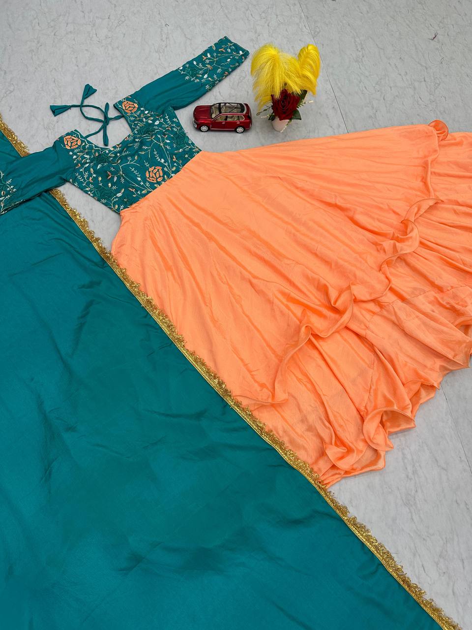 Peach Color Thread Work Double Layer Gown