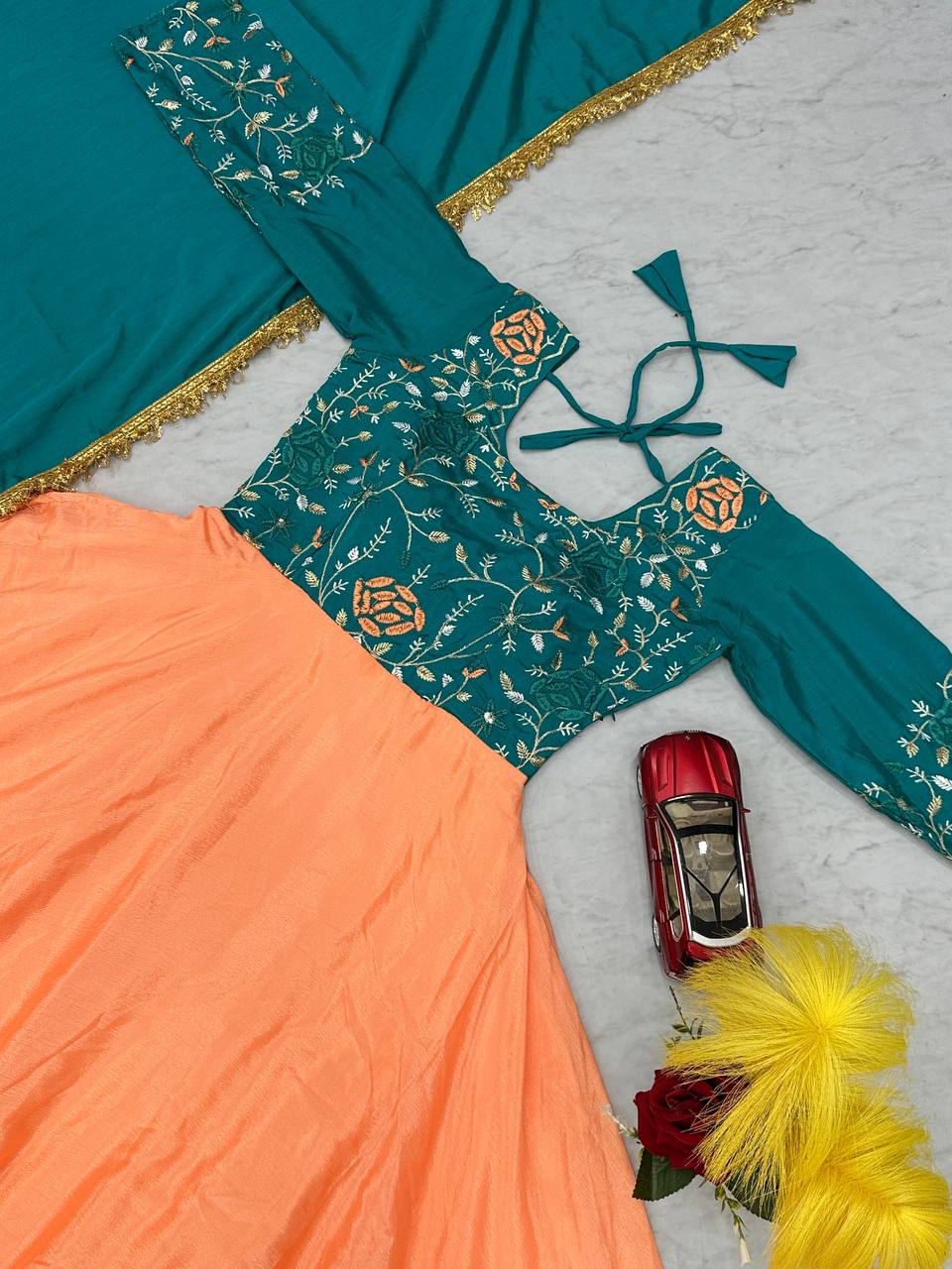 Peach Color Thread Work Double Layer Gown