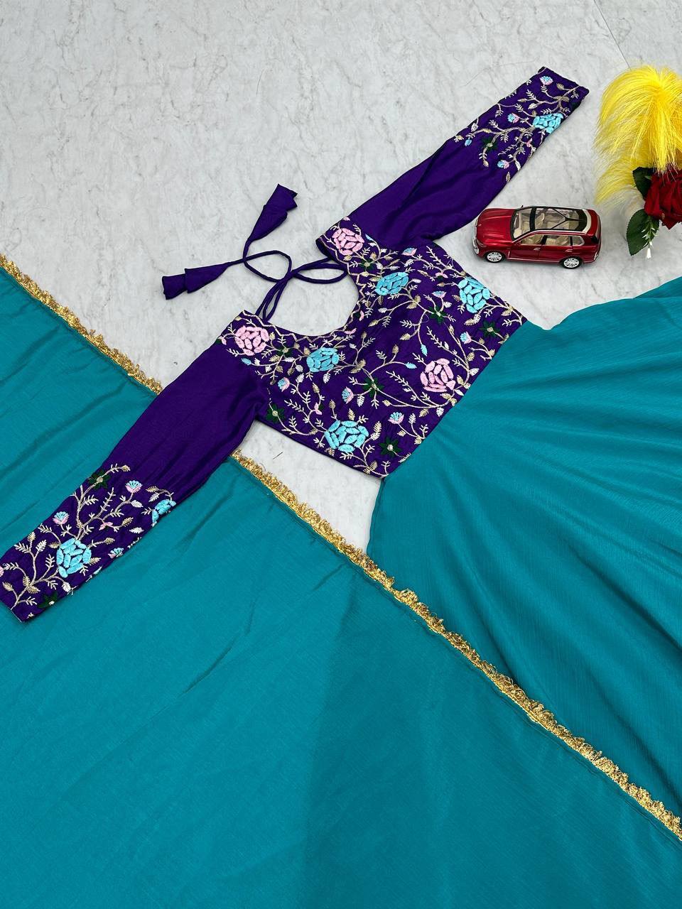 Sky Blue Color Thread Work Double Layer Gown