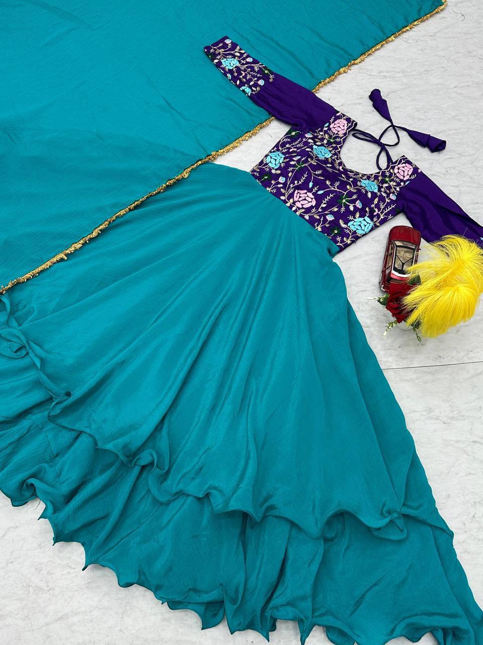 Sky Blue Color Thread Work Double Layer Gown