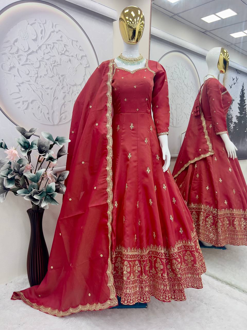Alluring Sequence Work Red Color Gown