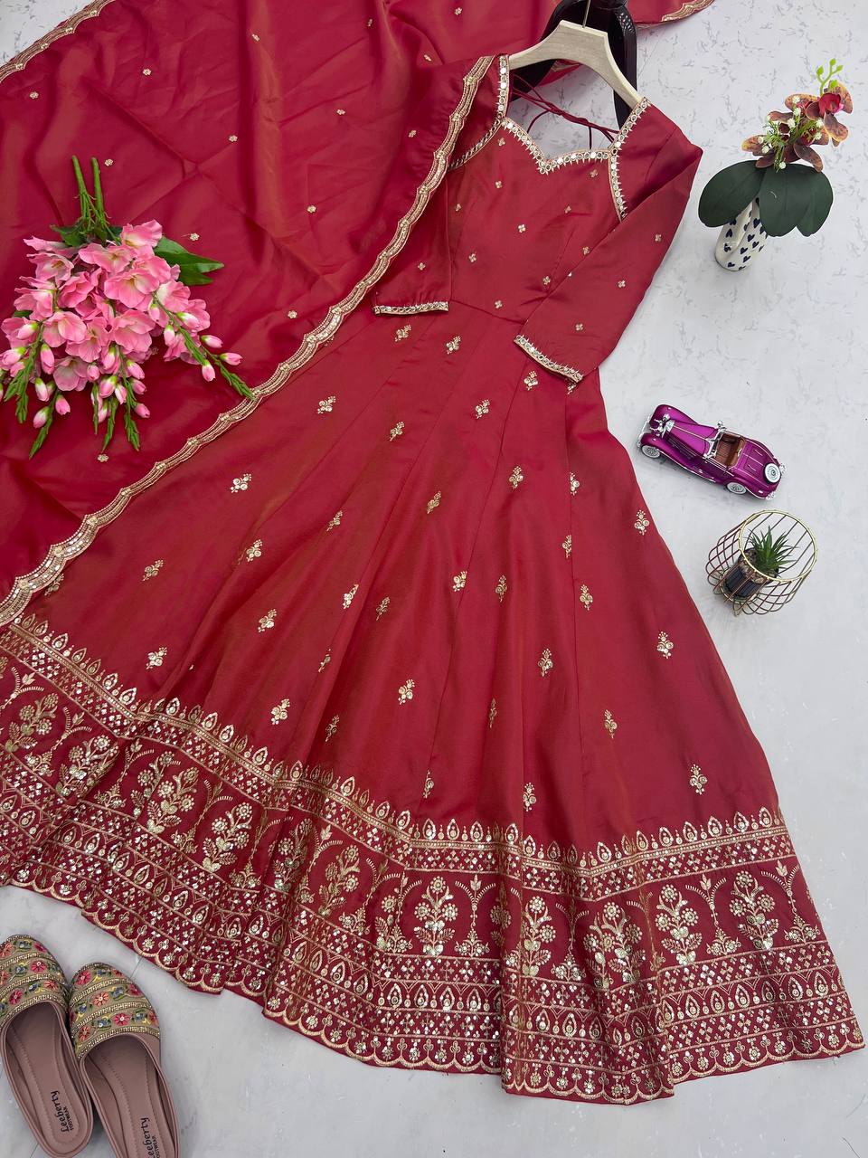 Alluring Sequence Work Red Color Gown
