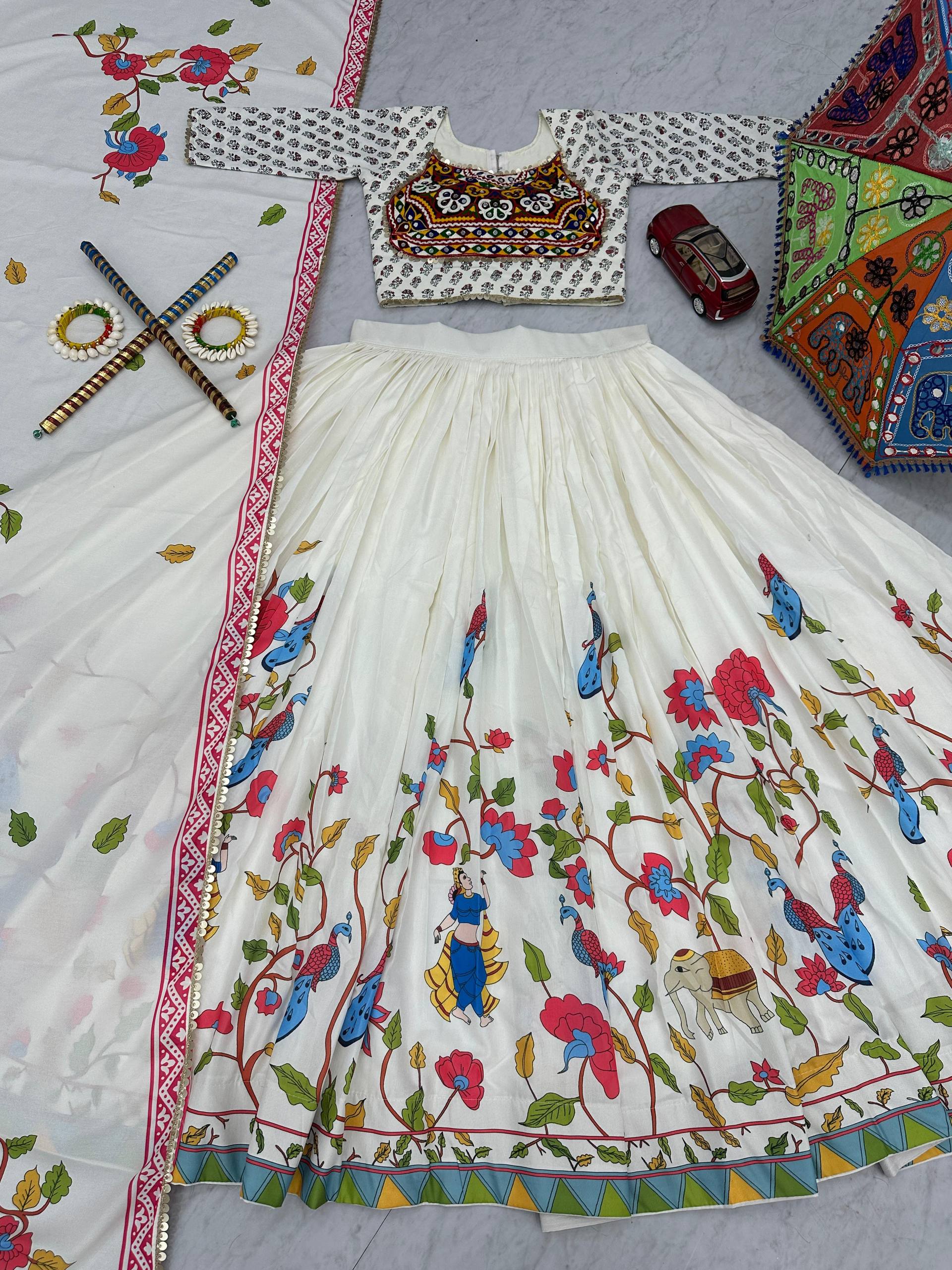 White Color Gamathi Work Navratri Lehenga Choli
