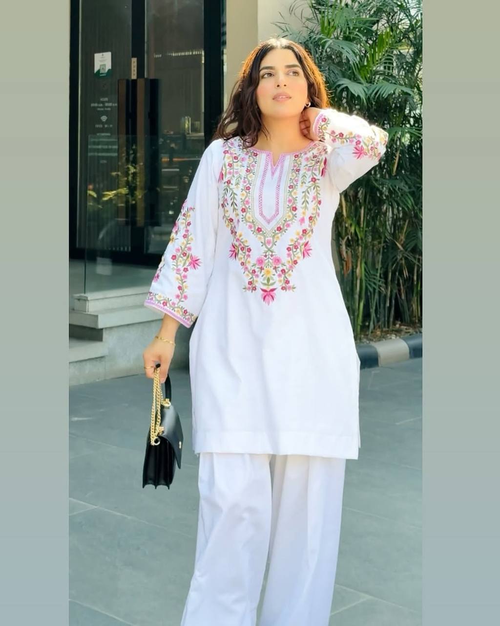 Attractive White Color Embroidered Palazzo Suit