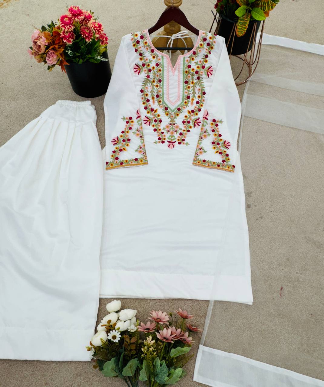 Attractive White Color Embroidered Palazzo Suit