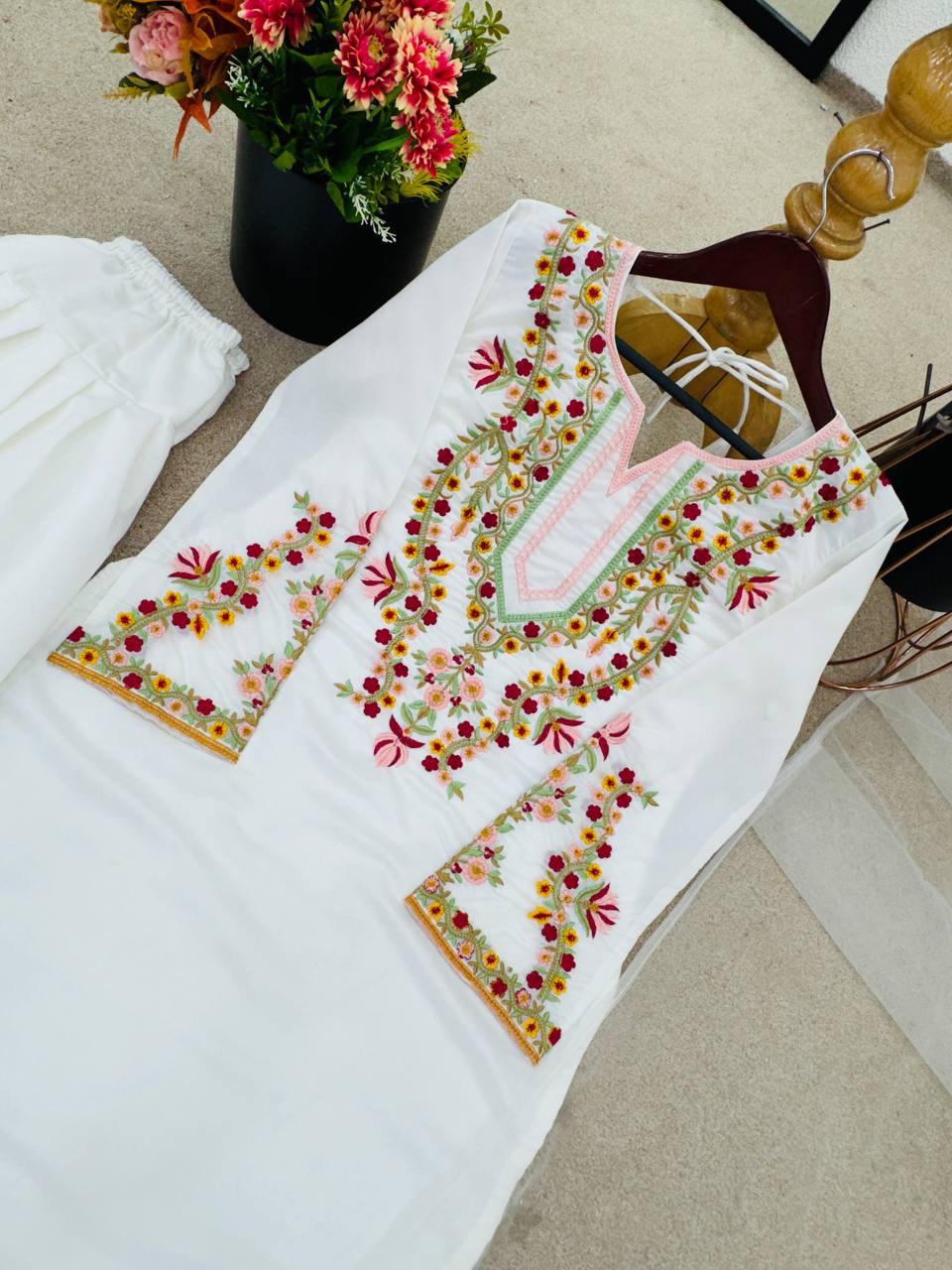 Attractive White Color Embroidered Palazzo Suit