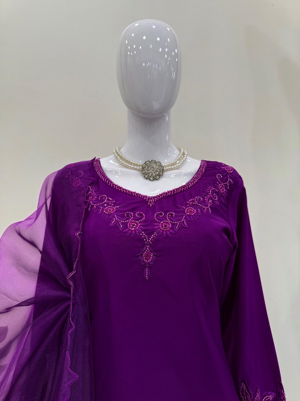 Beads Work Purple Color Pakistani Salwar Suit