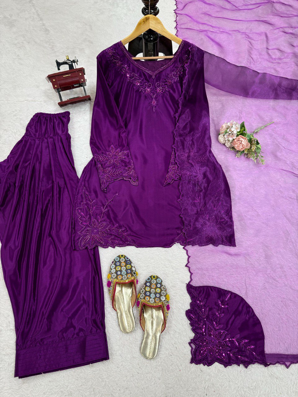 Beads Work Purple Color Pakistani Salwar Suit