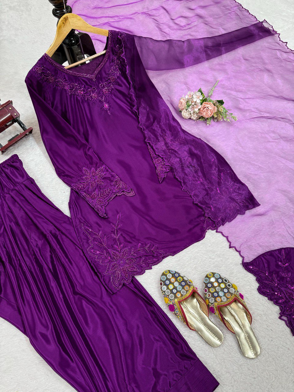 Beads Work Purple Color Pakistani Salwar Suit