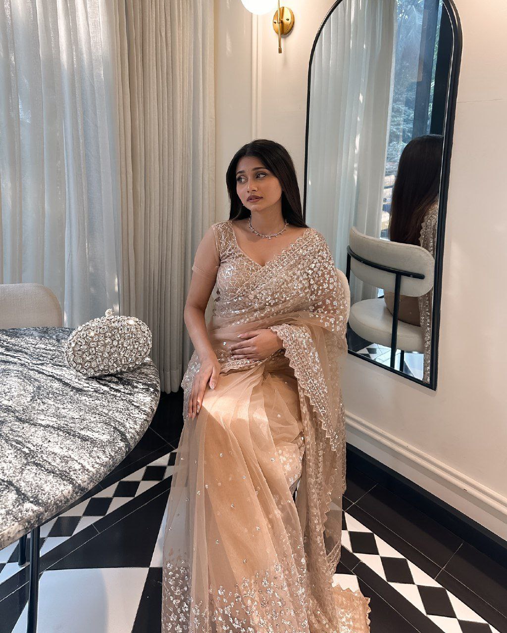 Party Wear Sequence Work Beige Color Silk Saree