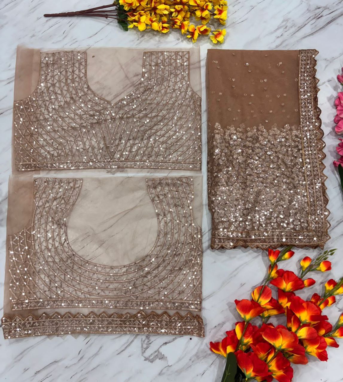 Party Wear Sequence Work Beige Color Silk Saree