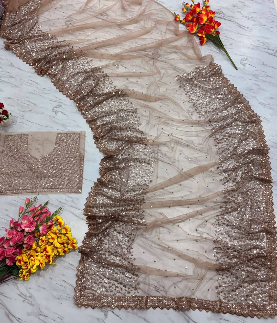 Party Wear Sequence Work Beige Color Silk Saree