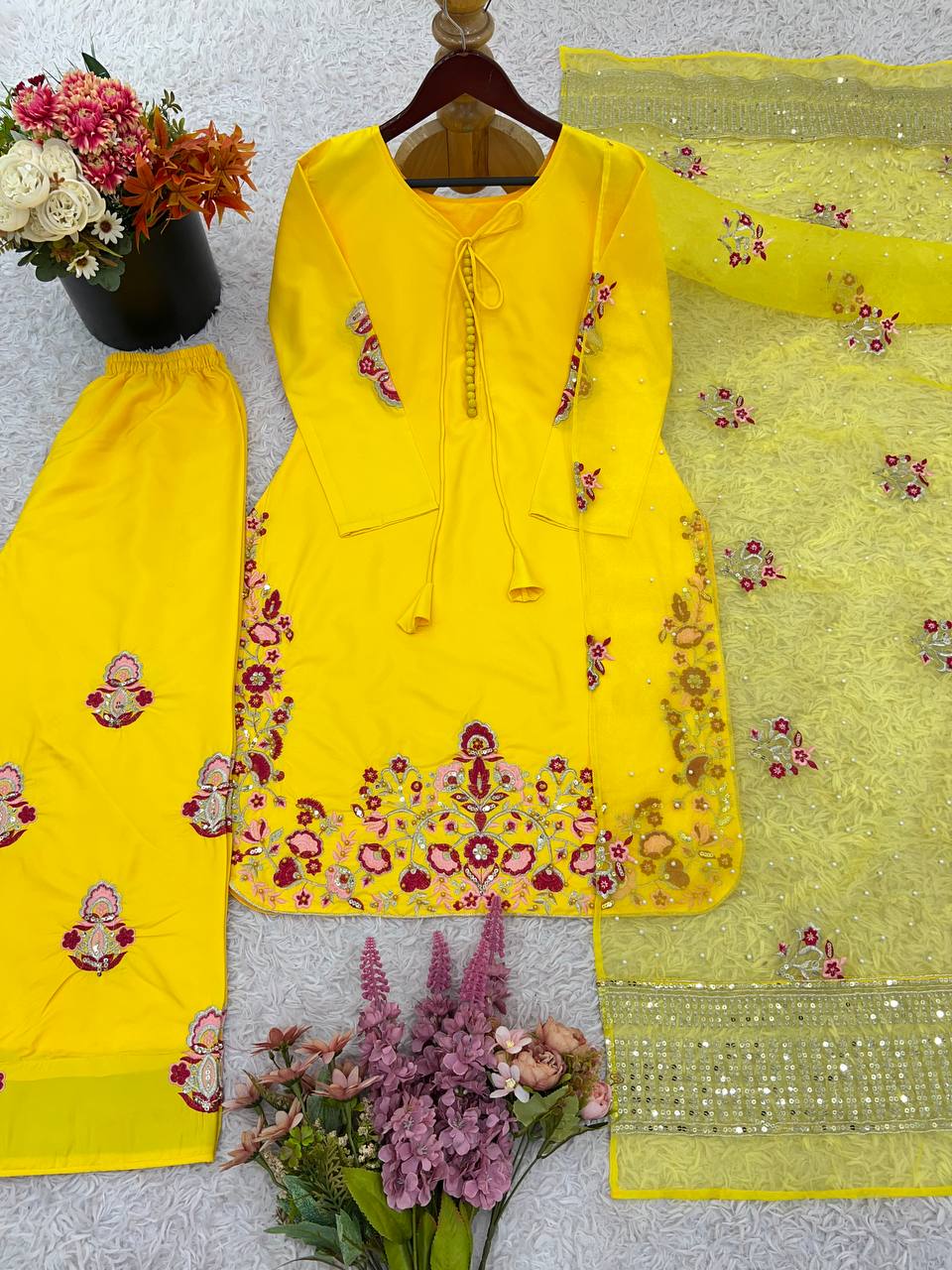 Yellow Color Embroidery Work Farshi Salwar Suit