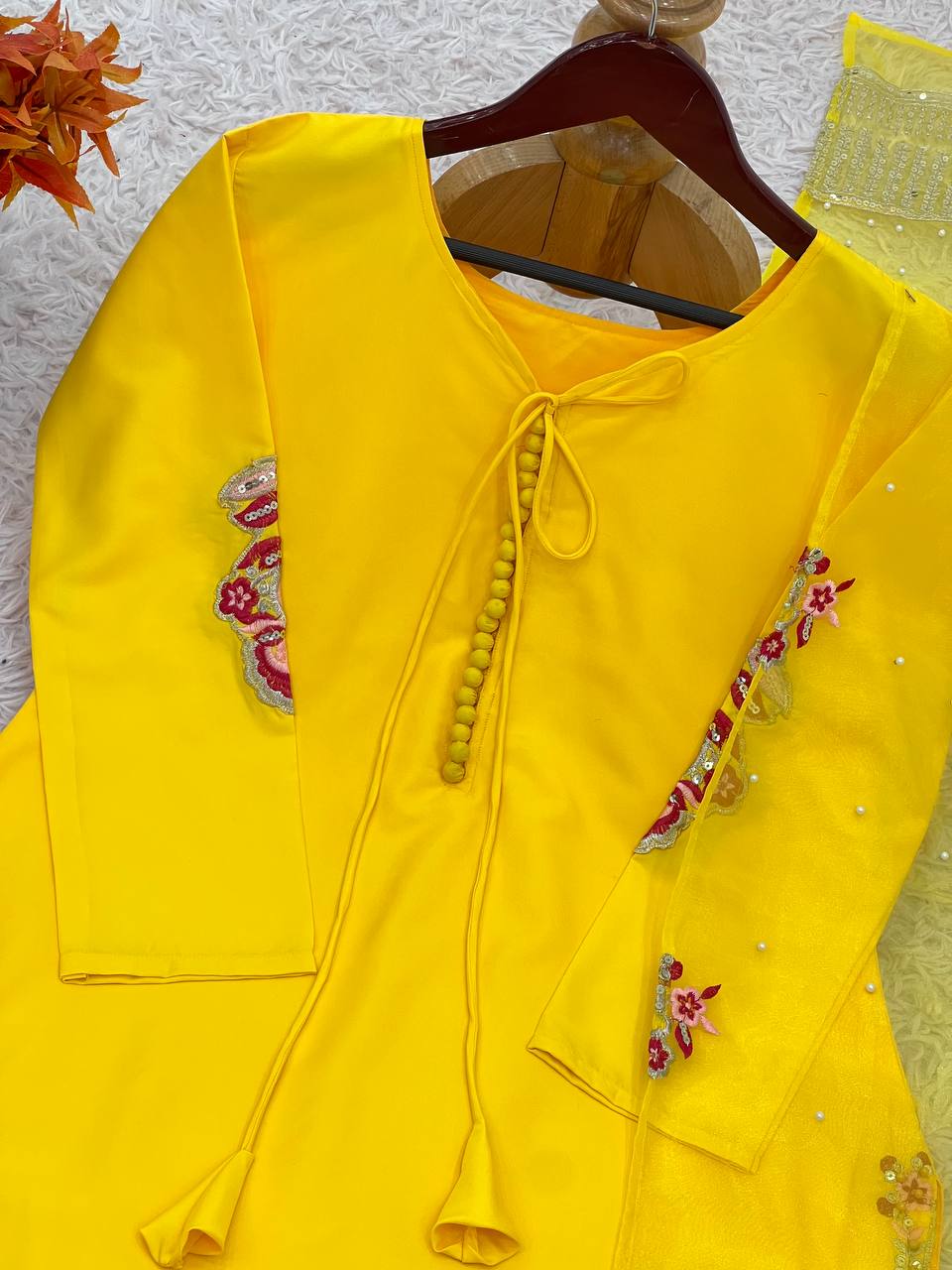 Yellow Color Embroidery Work Farshi Salwar Suit