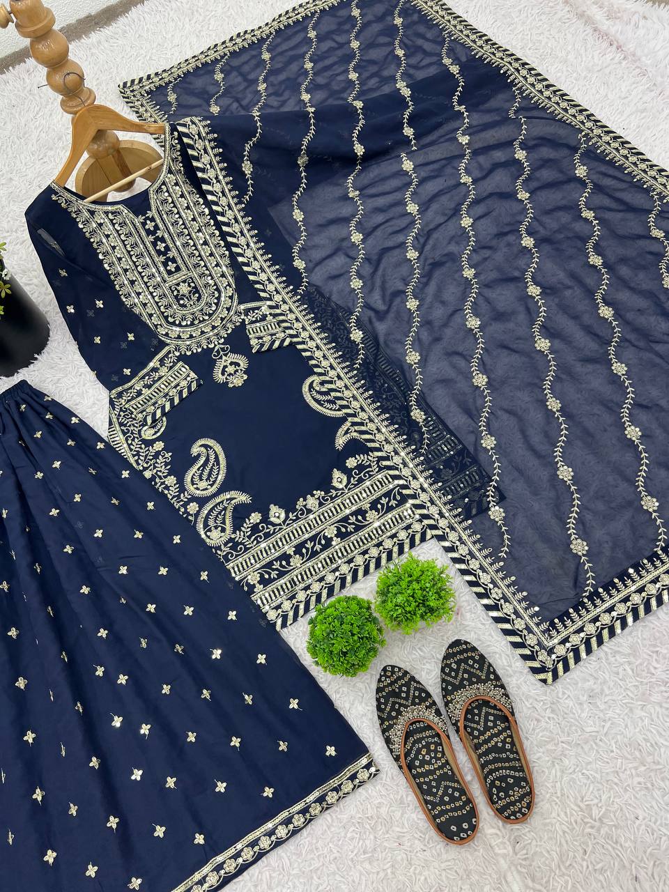 Heavy Work Navy Blue Color Beautiful Sharara Suit