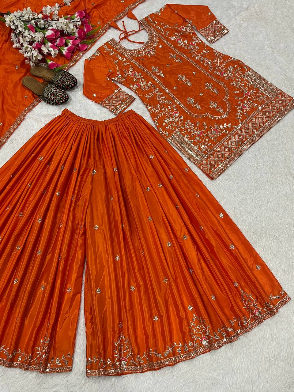 Orange Color Heavy Work Glimmering Sharara Suit