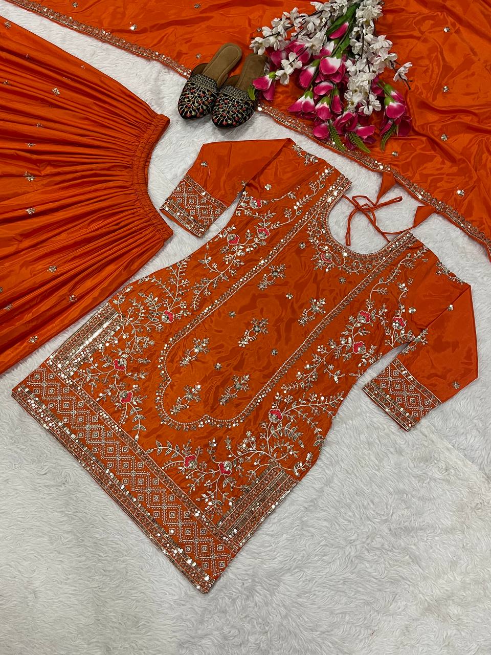 Orange Color Heavy Work Glimmering Sharara Suit