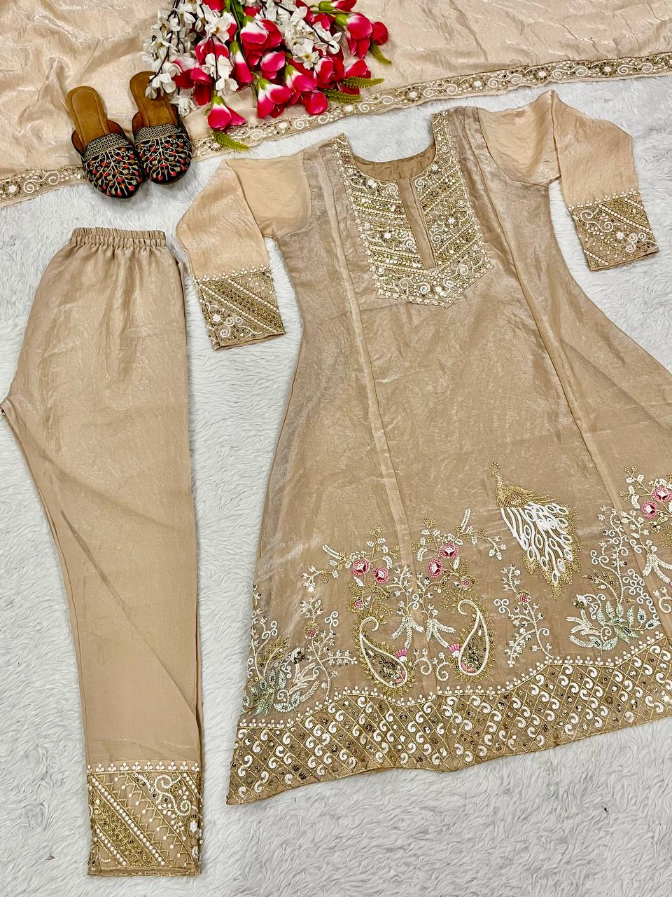 Festive Wear Embroidery Work Beige Color Anarkali Suit