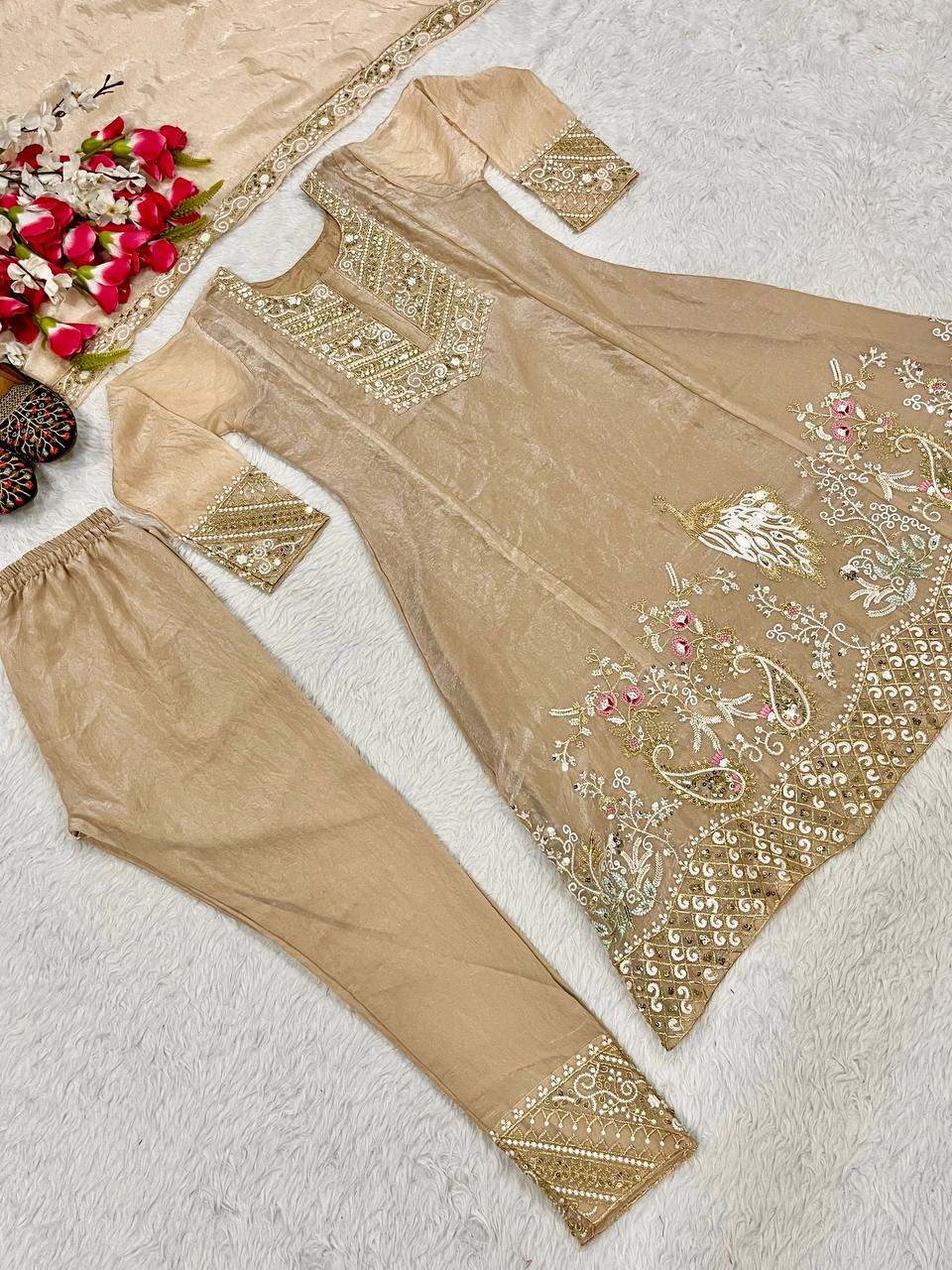 Festive Wear Embroidery Work Beige Color Anarkali Suit