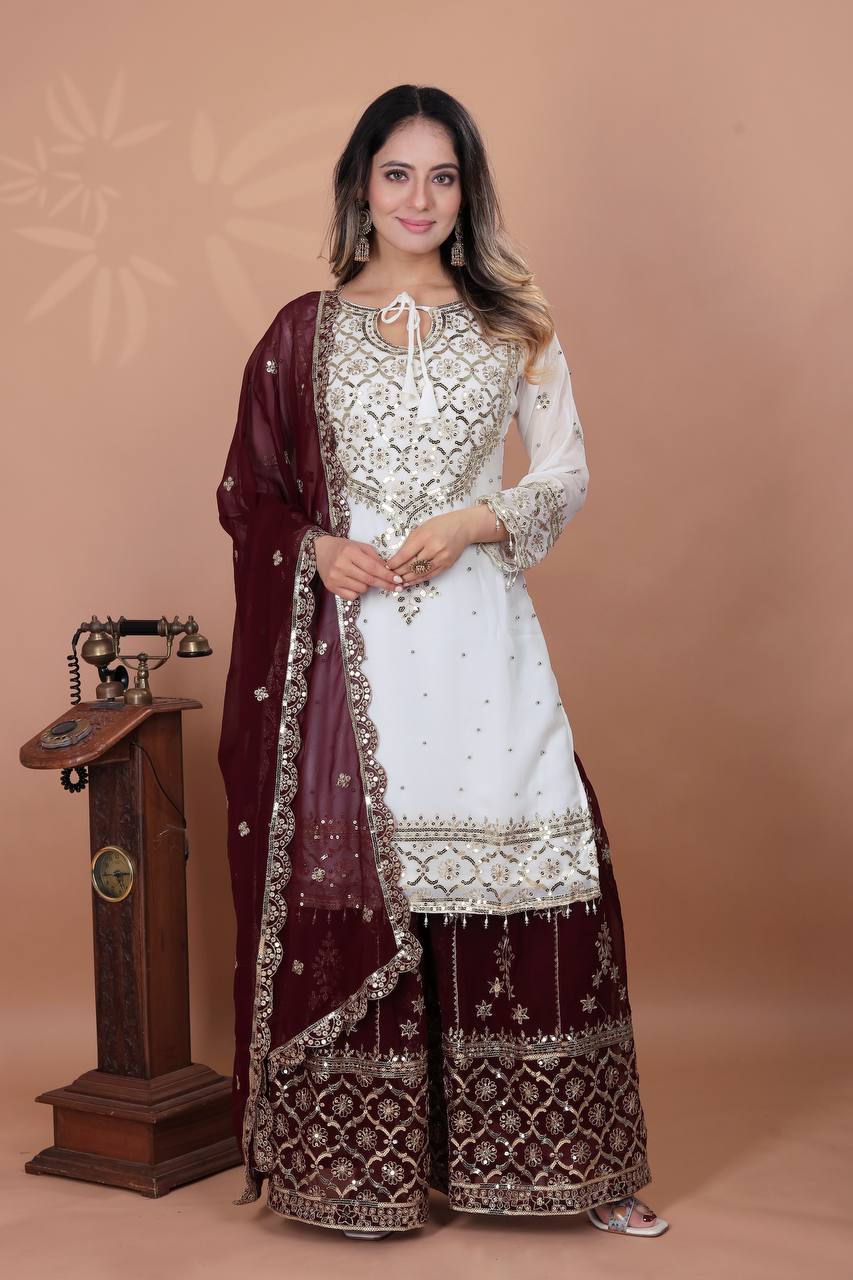 Fabulous Heavy Work White Color Suit With Maroon Sharara