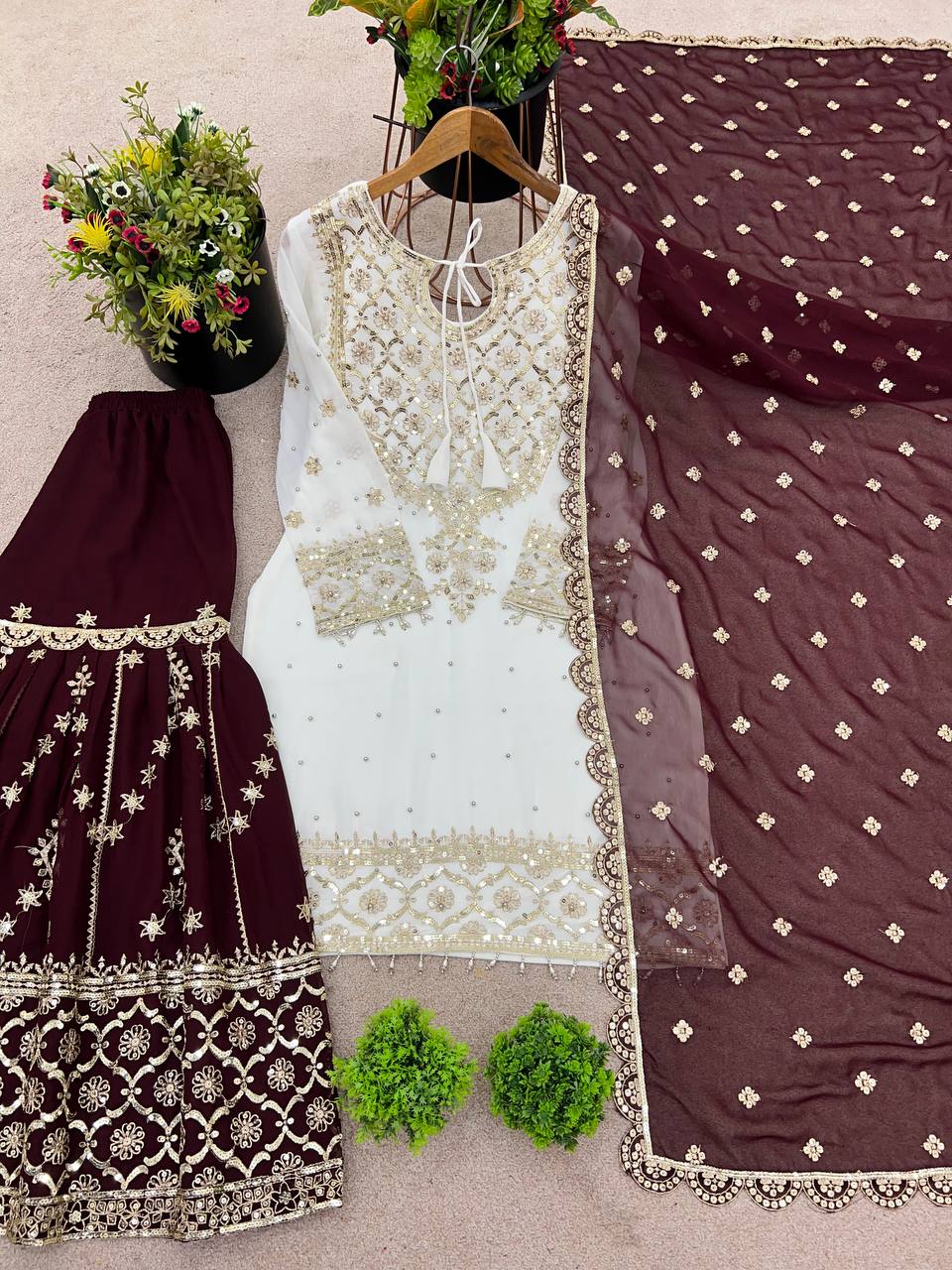 Fabulous Heavy Work White Color Suit With Maroon Sharara