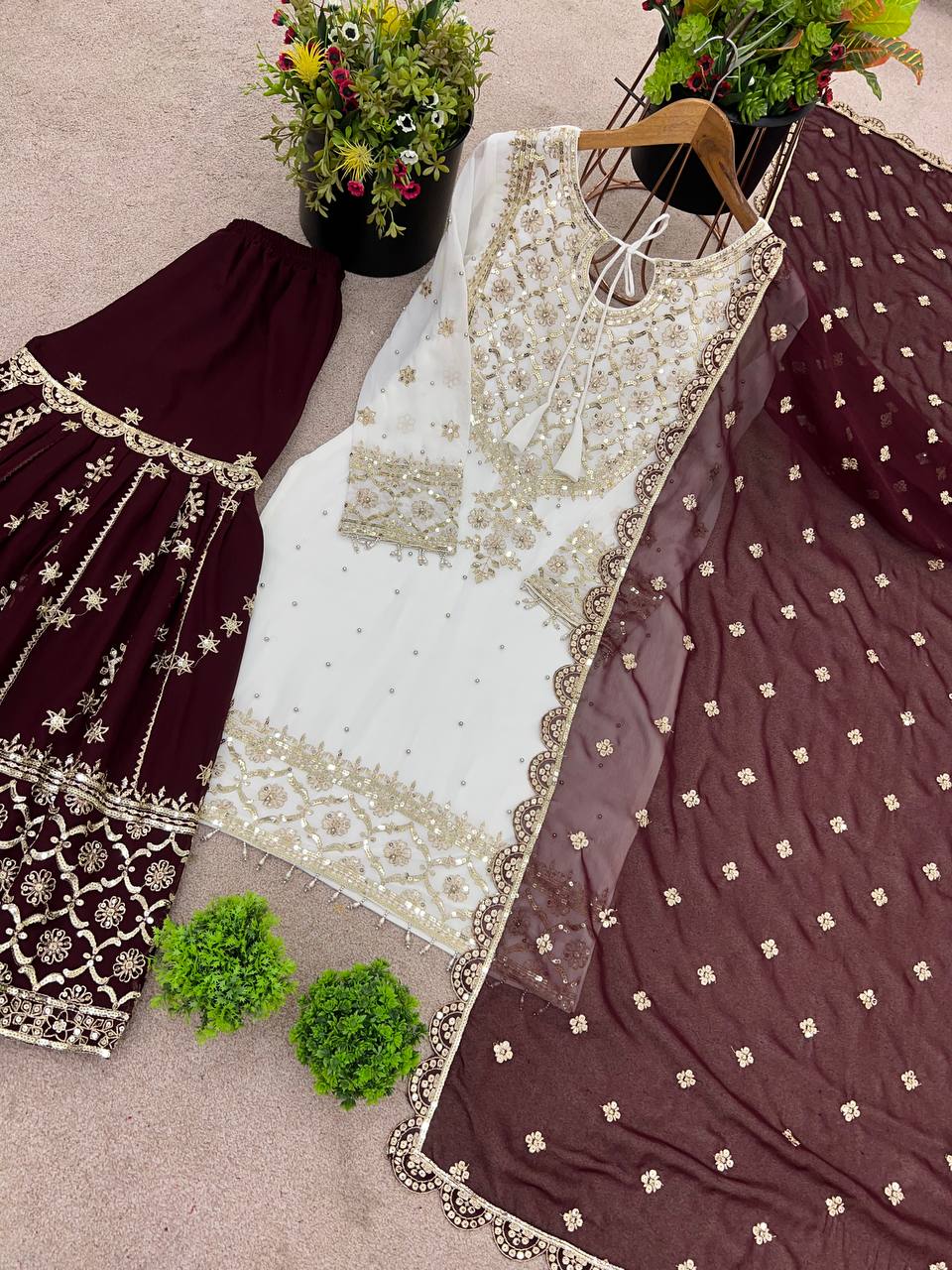 Fabulous Heavy Work White Color Suit With Maroon Sharara