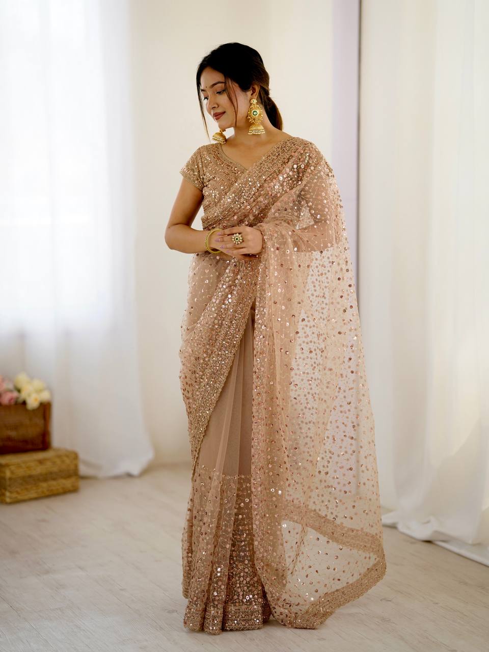 Beige Color Sequence Net Party Wear Saree